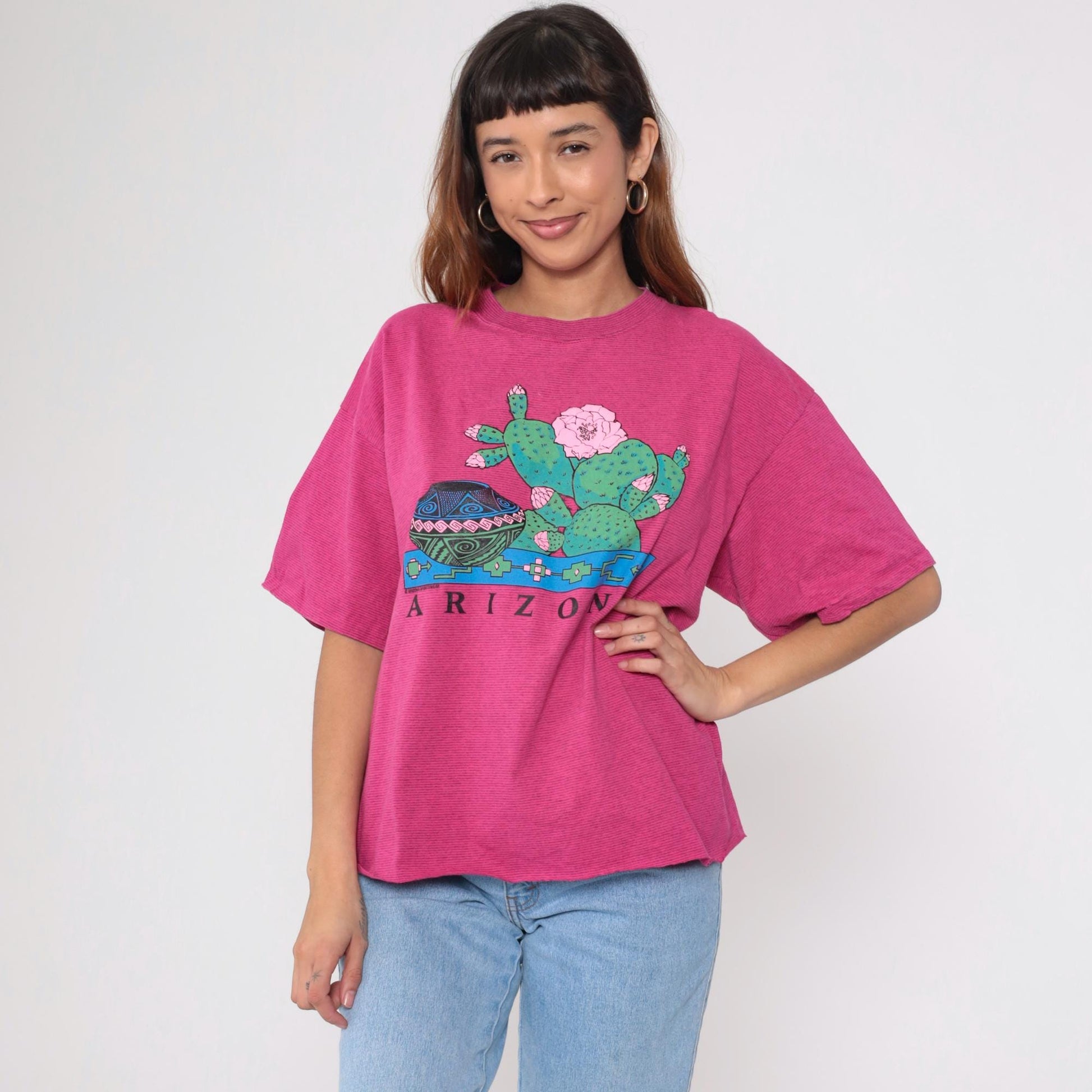 90s Arizona Prickly Pear Cactus Graphic T-Shirt Hot Pink Native American Pottery Extra Large