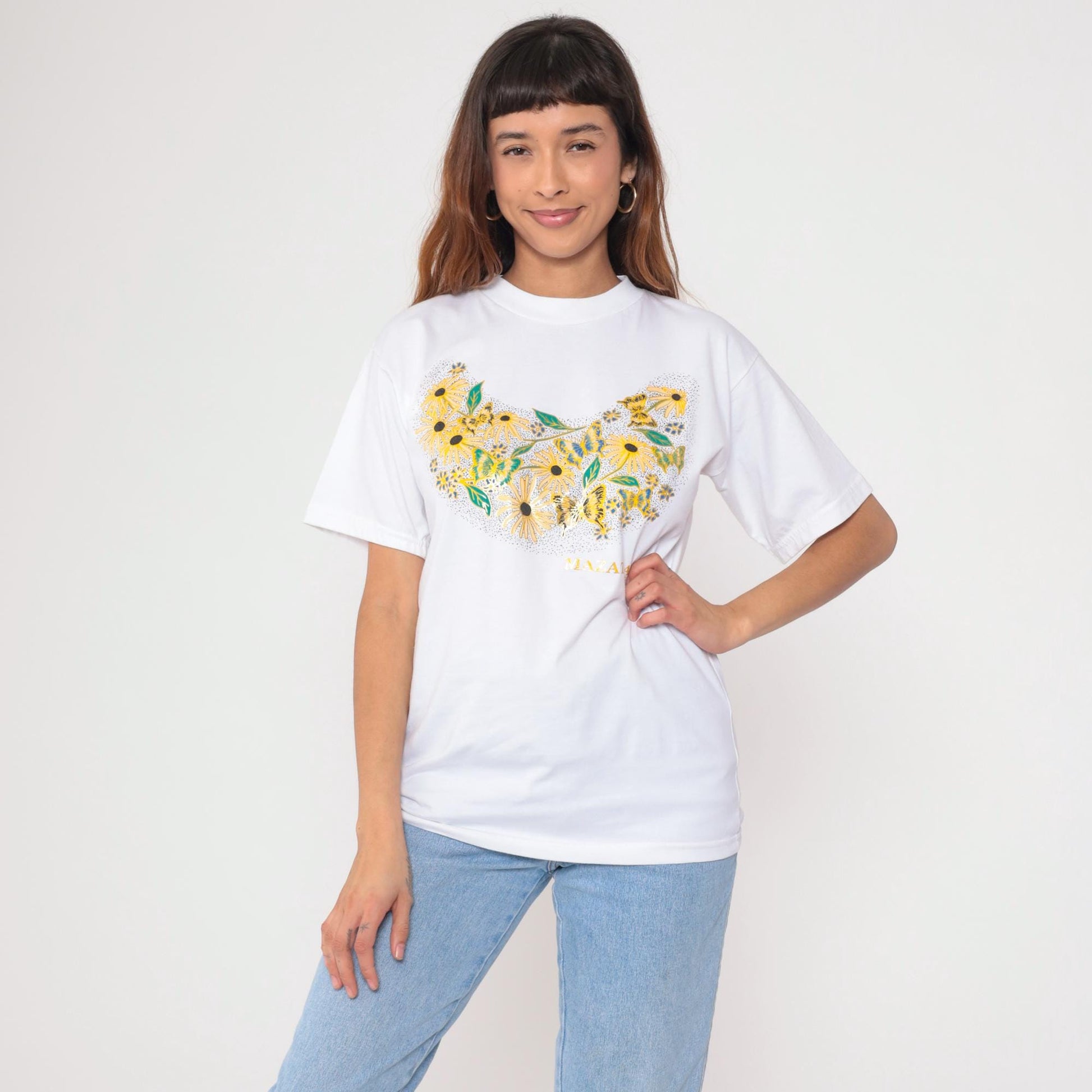 90s Mazatlan Mexico Graphic T-Shirt Metallic Floral Butterfly White Small