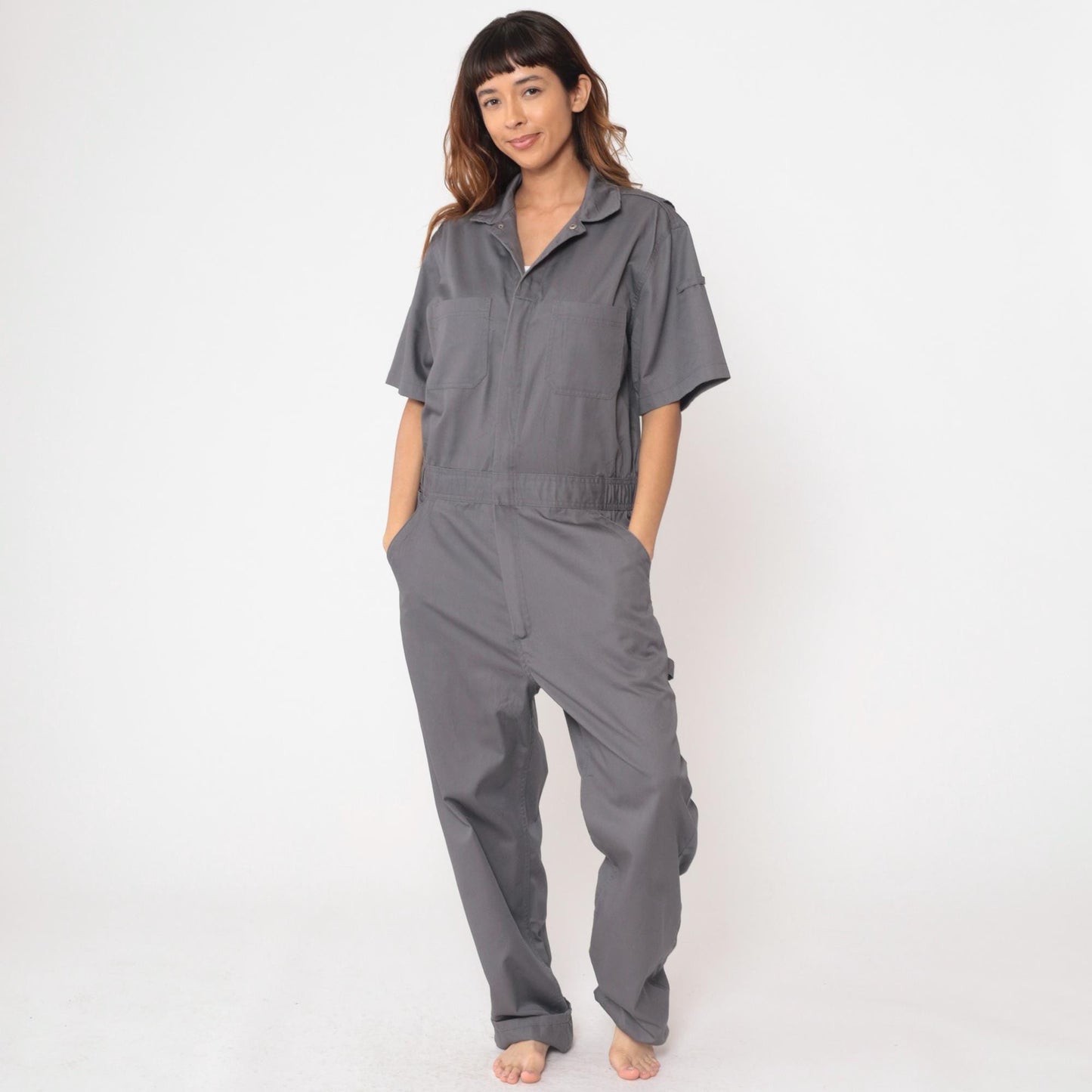 Y2K CQR Grey Utility Coveralls Short Sleeve Cargo Jumpsuit Medium M
