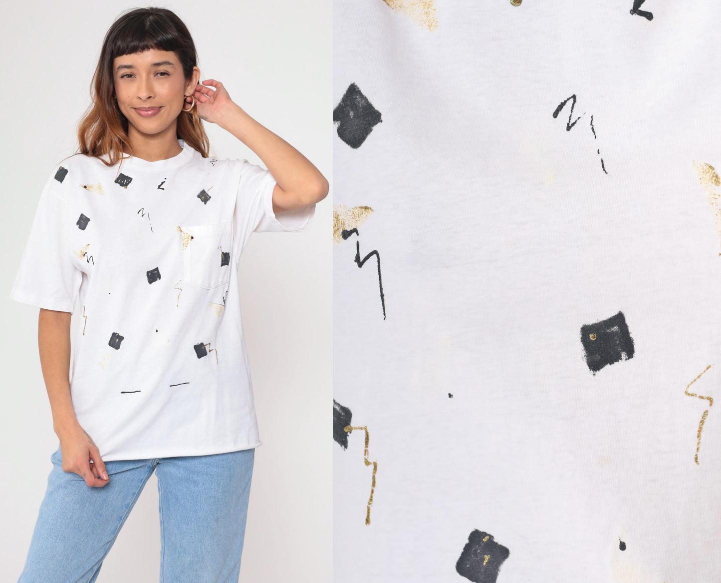 90s Abstract Geometric Glitter T-Shirt White Gold Black Graphic Tee Medium