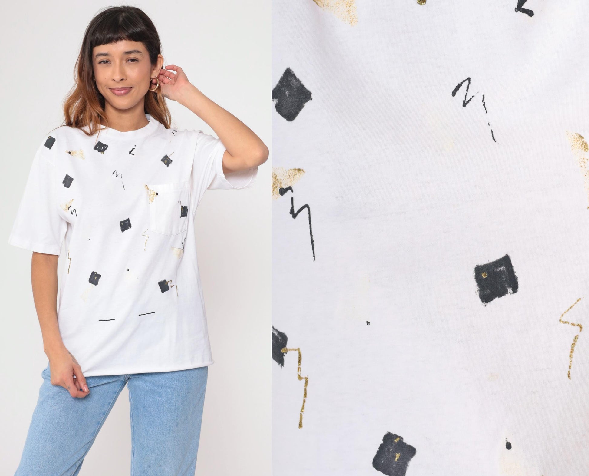 90s Abstract Geometric Glitter T-Shirt White Gold Black Graphic Tee Medium