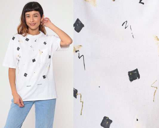 90s Abstract Geometric Glitter T-Shirt White Gold Black Graphic Tee Medium