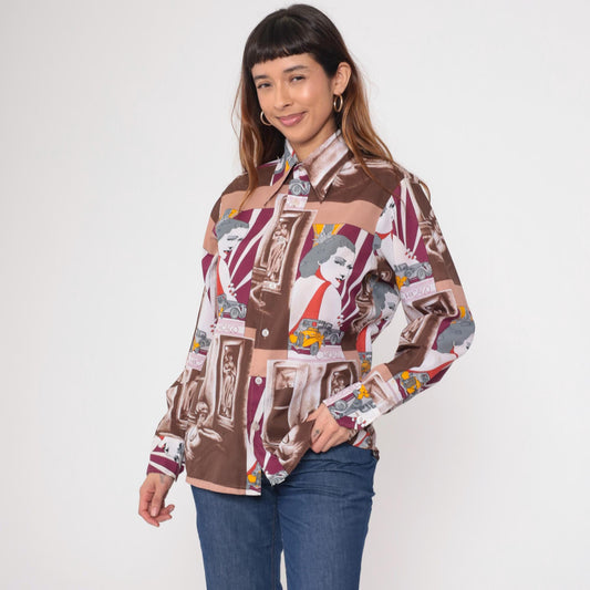 70s Art Deco Chicago Car Print Button Up Shirt Novelty Graphic Medium