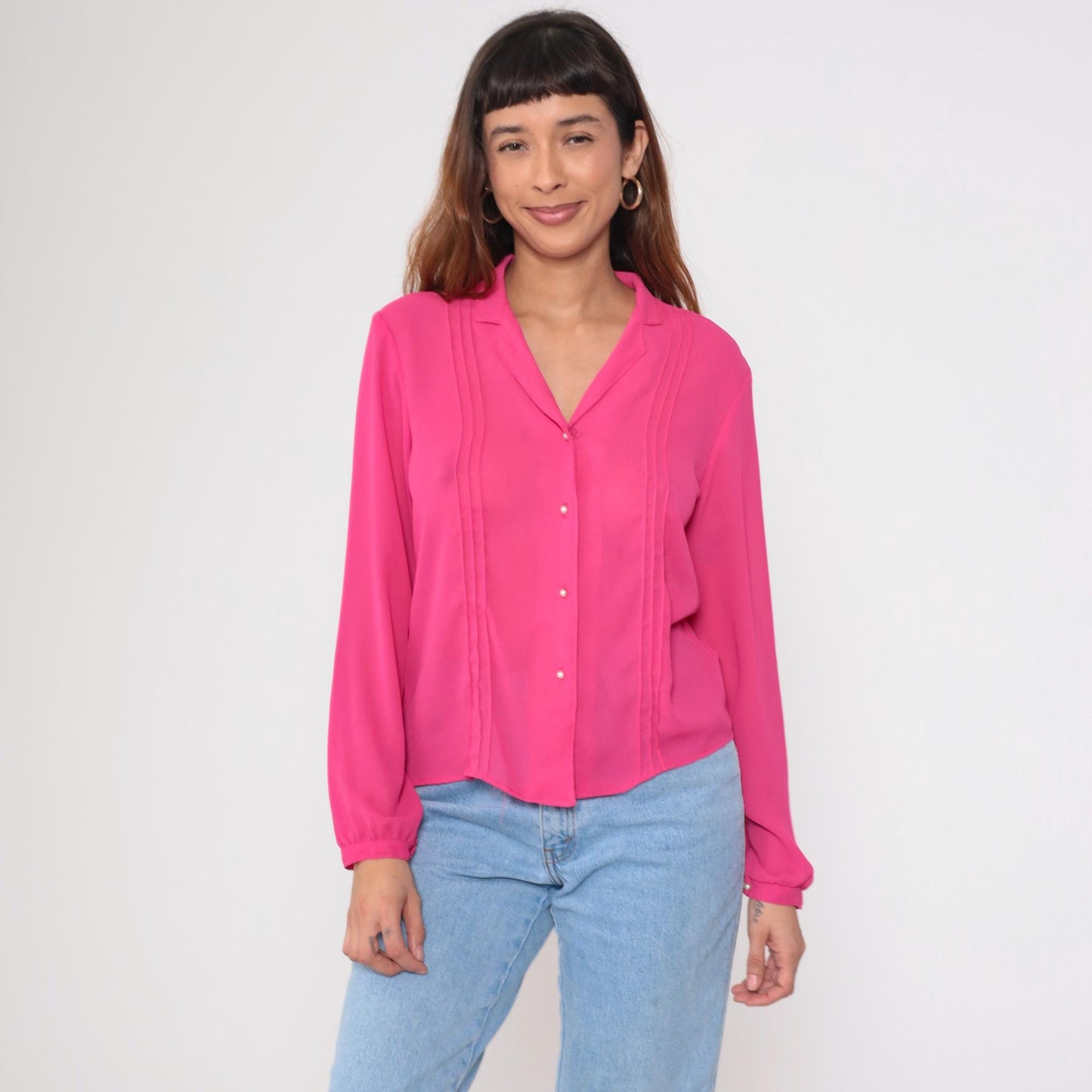 80s Fuchsia Pink Pleated Button-Up Blouse Pearl Buttons Long Sleeve Medium M