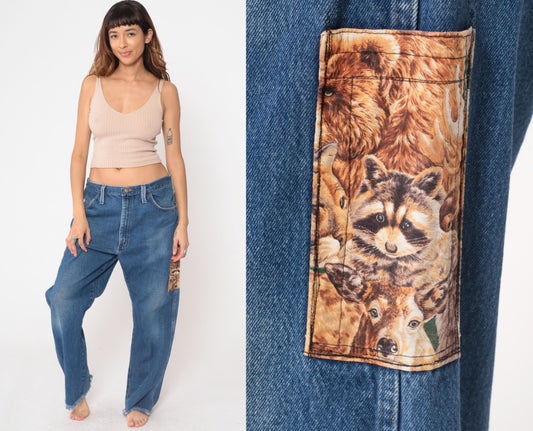 90s Rustler Animal Print High Rise Straight Leg Denim Jeans Blue 36