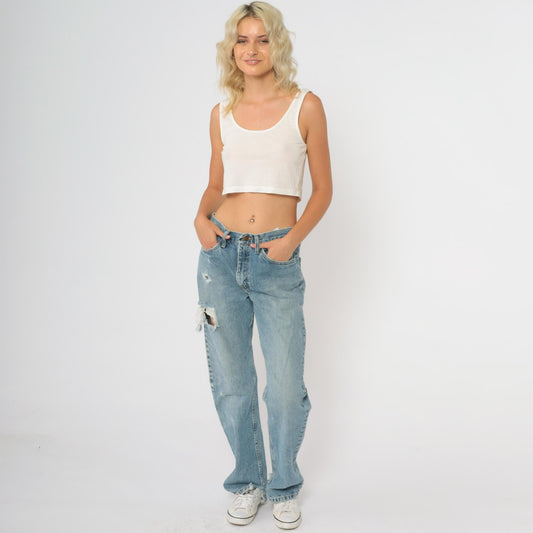 90s Wrangler High Waisted Straight Leg Jeans Blue Distressed Rips 30x32