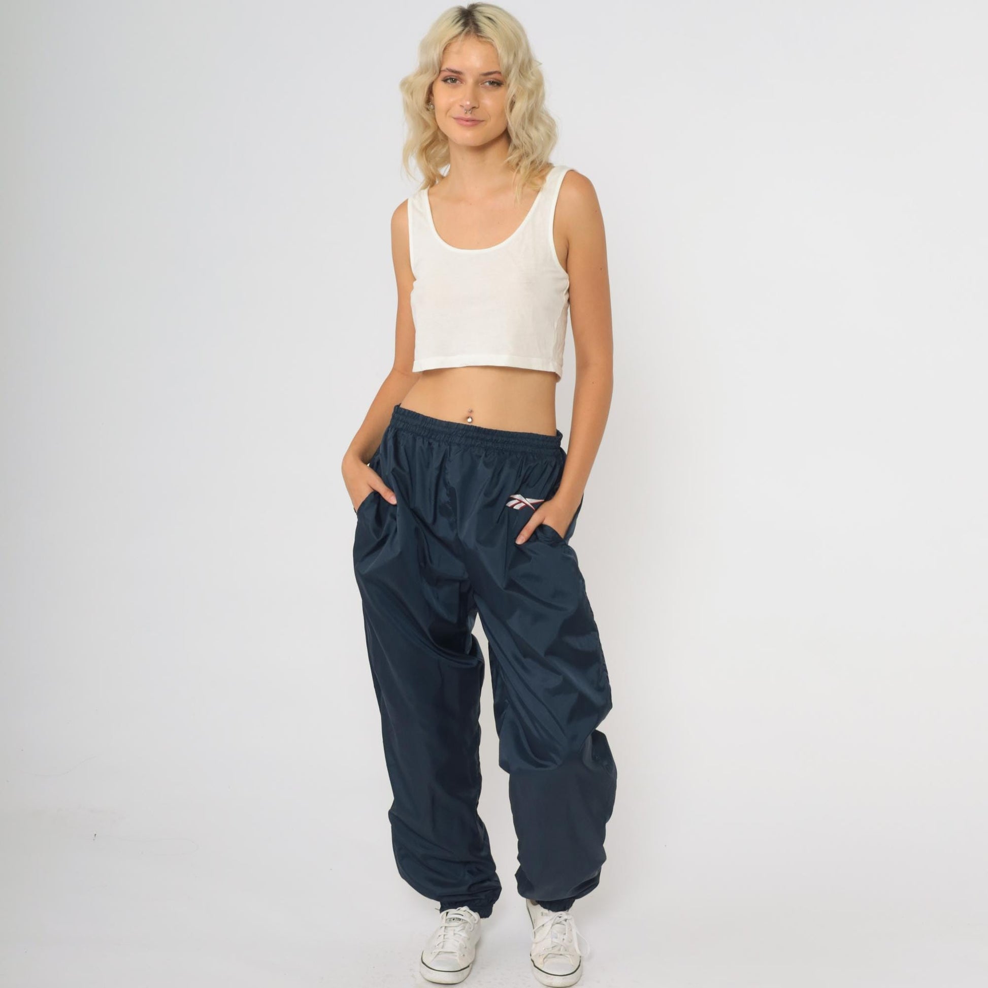 90s Reebok Navy Nylon Track Pants Joggers Large
