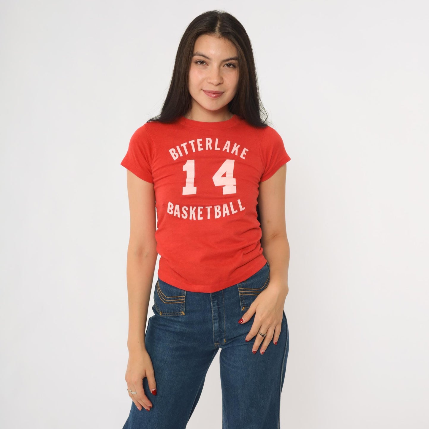 80s Bitterlake Basketball Graphic T-Shirt Red Single Stitch Number 14 XXS