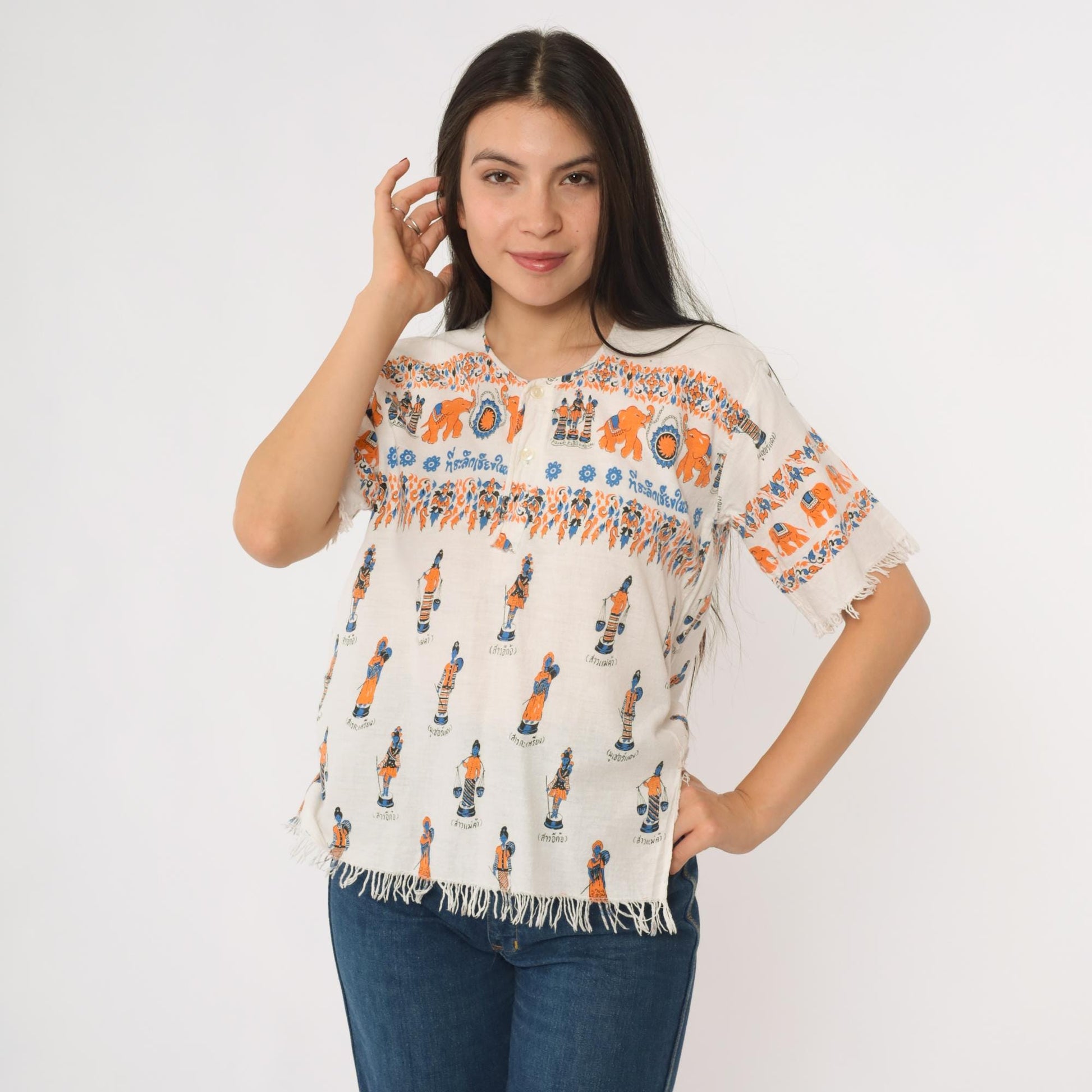 Y2K Thailand Souvenir Shirt White Cotton Elephant Print Fringe Small