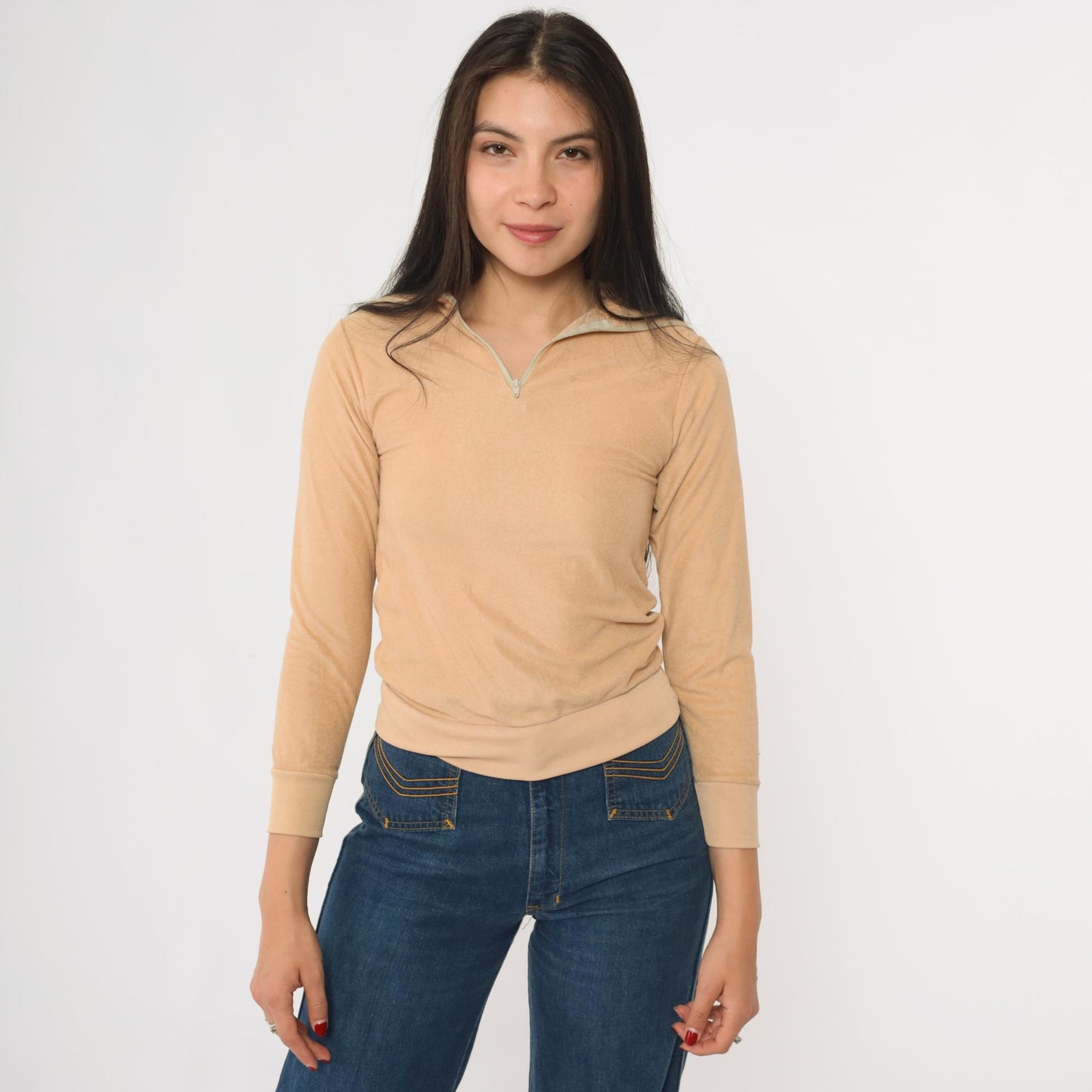 80s Tan Velour Quarter Zip Sweatshirt Fleece Pullover Youth Extra Small XXS