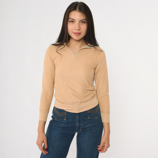 80s Tan Velour Quarter Zip Sweatshirt Fleece Pullover Youth Extra Small XXS