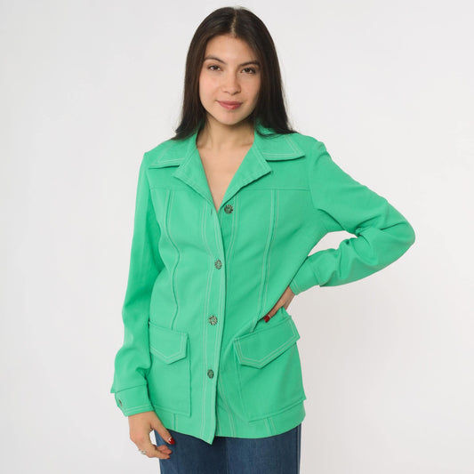 70s Bright Green Shacket Button-Up Shirt Jacket Long Sleeve Small S