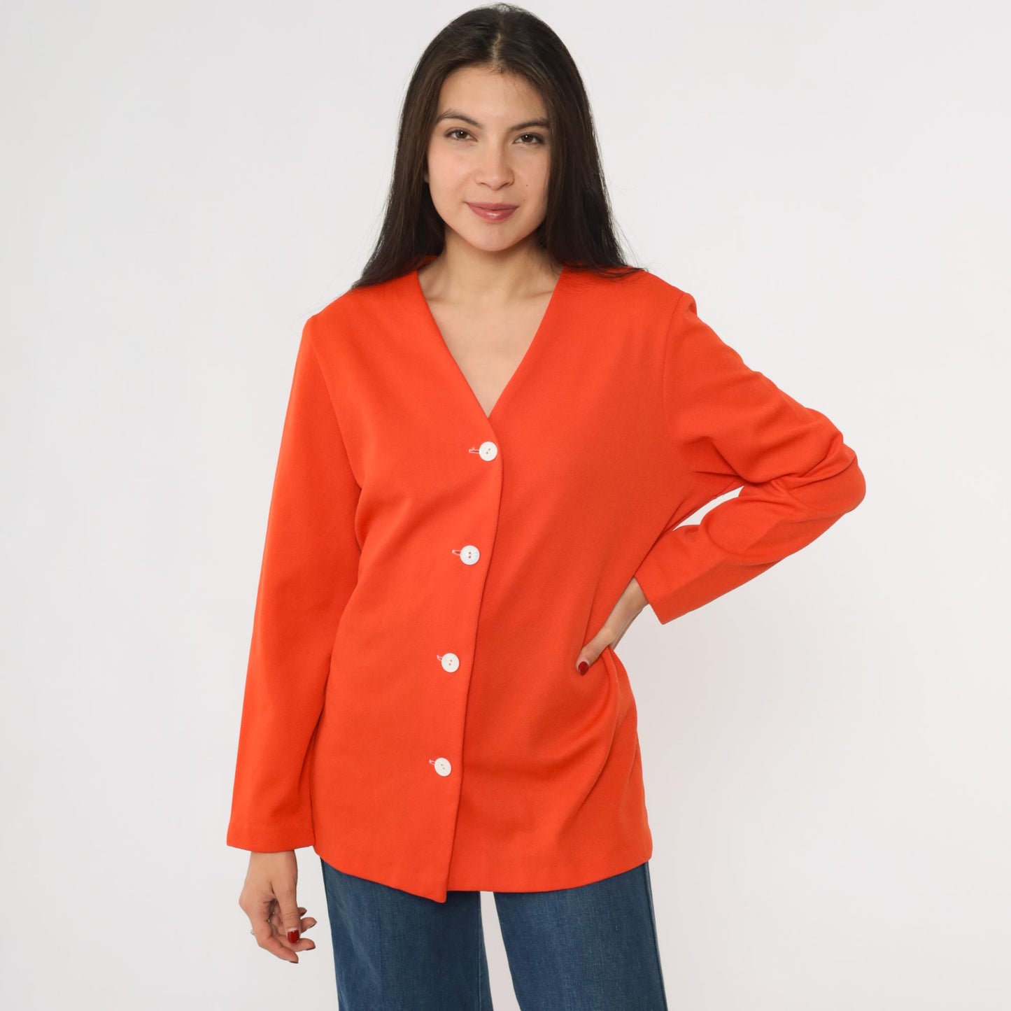 70s Orange V-Neck Button-Up Blouse Long Sleeve Polyester Shirt Medium