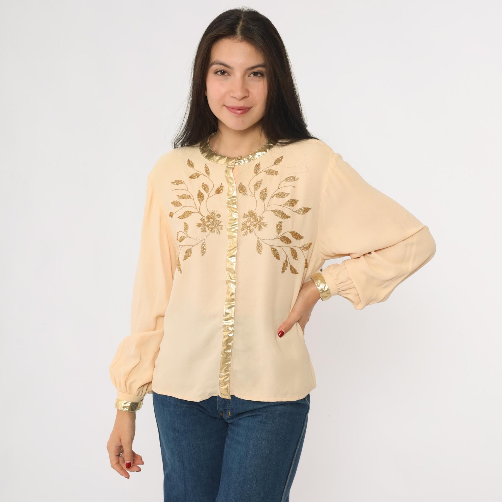 70s Frank Masandrea Peach Crepe Blouse Gold Embroidered Floral Small