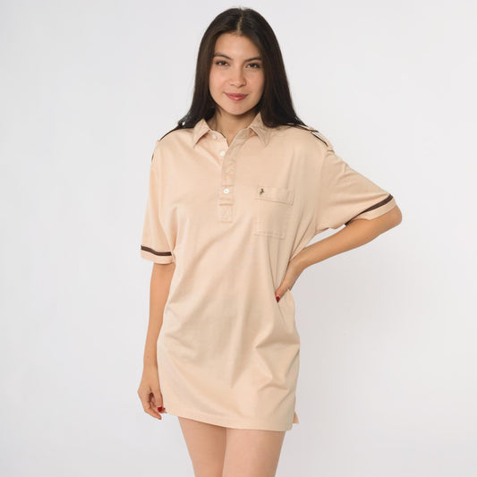 80s Bronzini Beige Polo Shirt Unicorn Emblem Epaulet Medium Tall