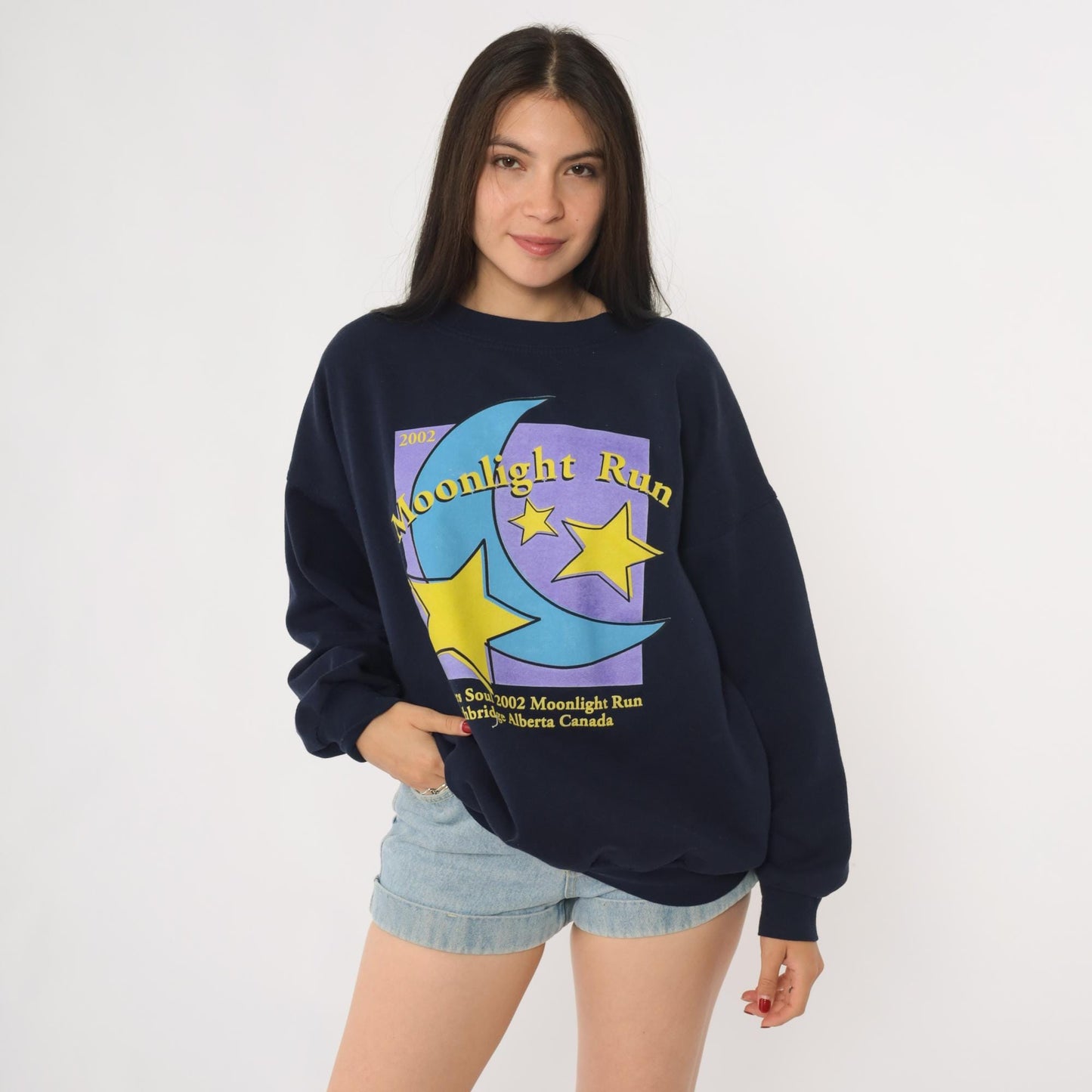 2002 Moonlight Run Lethbridge Alberta Sweatshirt Navy Celestial Graphic Medium