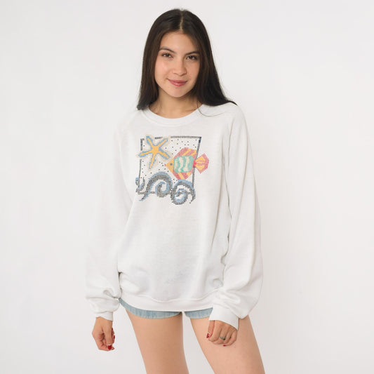 90s Jerzees Fish Starfish Sweatshirt White Raglan Graphic Crewneck Large
