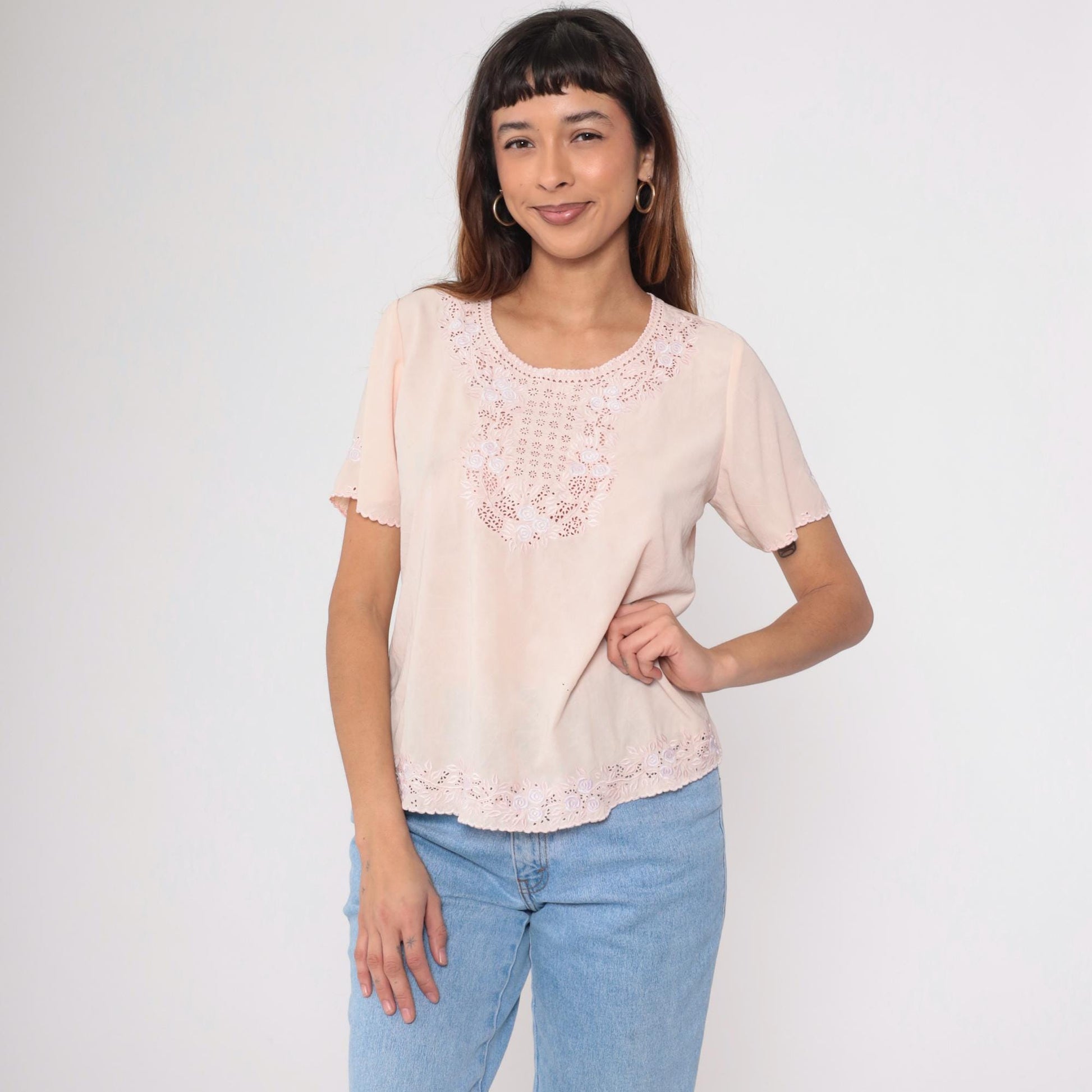 80s Baby Pink Floral Embroidered Cutout Blouse Small S