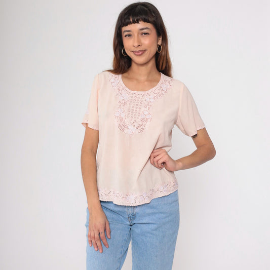80s Baby Pink Floral Embroidered Cutout Blouse Small S