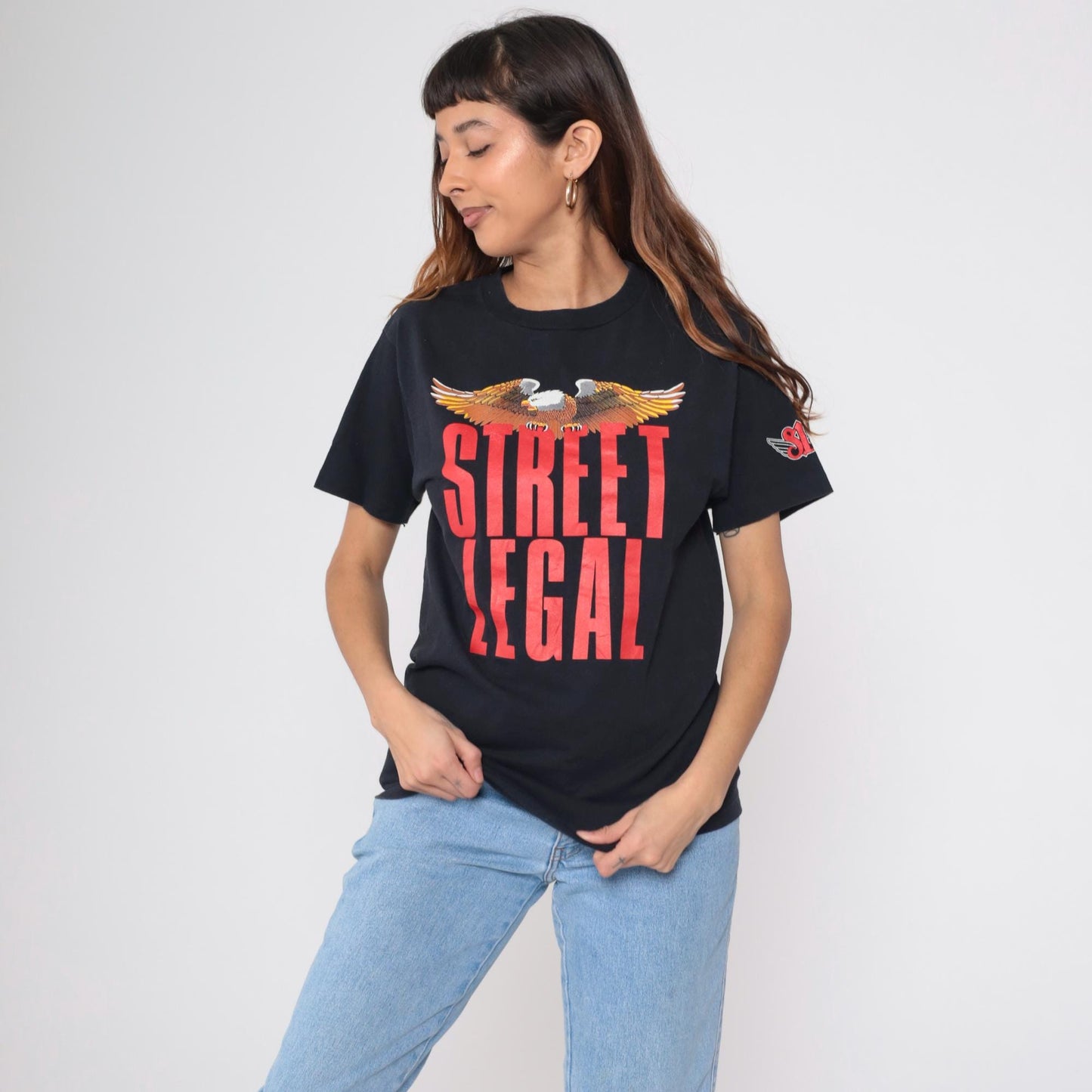 90s Street Legal Eagle Motorcycle Graphic T-Shirt Black Cotton Small