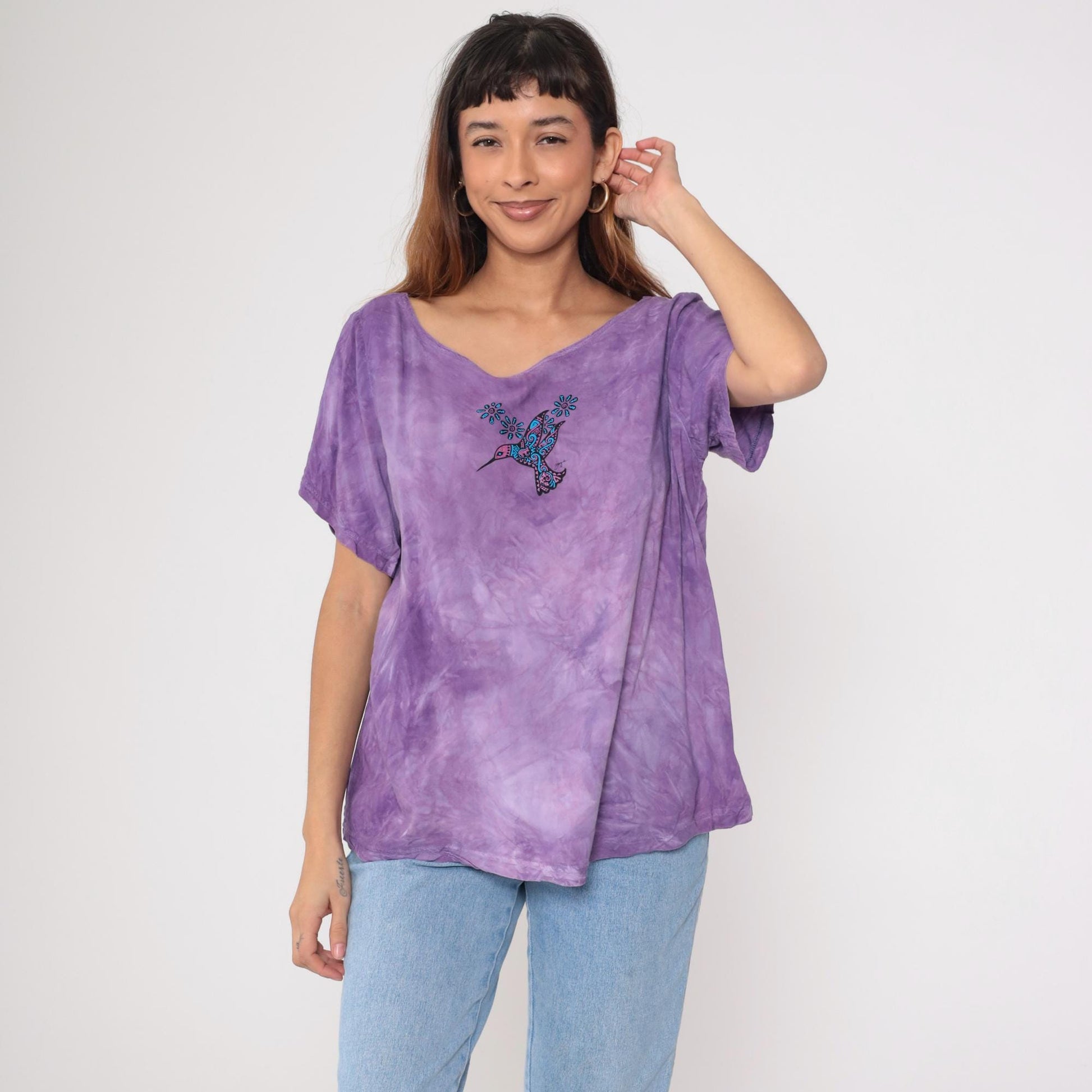 Y2K Purple Tie Dye Rayon Blouse Hummingbird Print Short Sleeve Large
