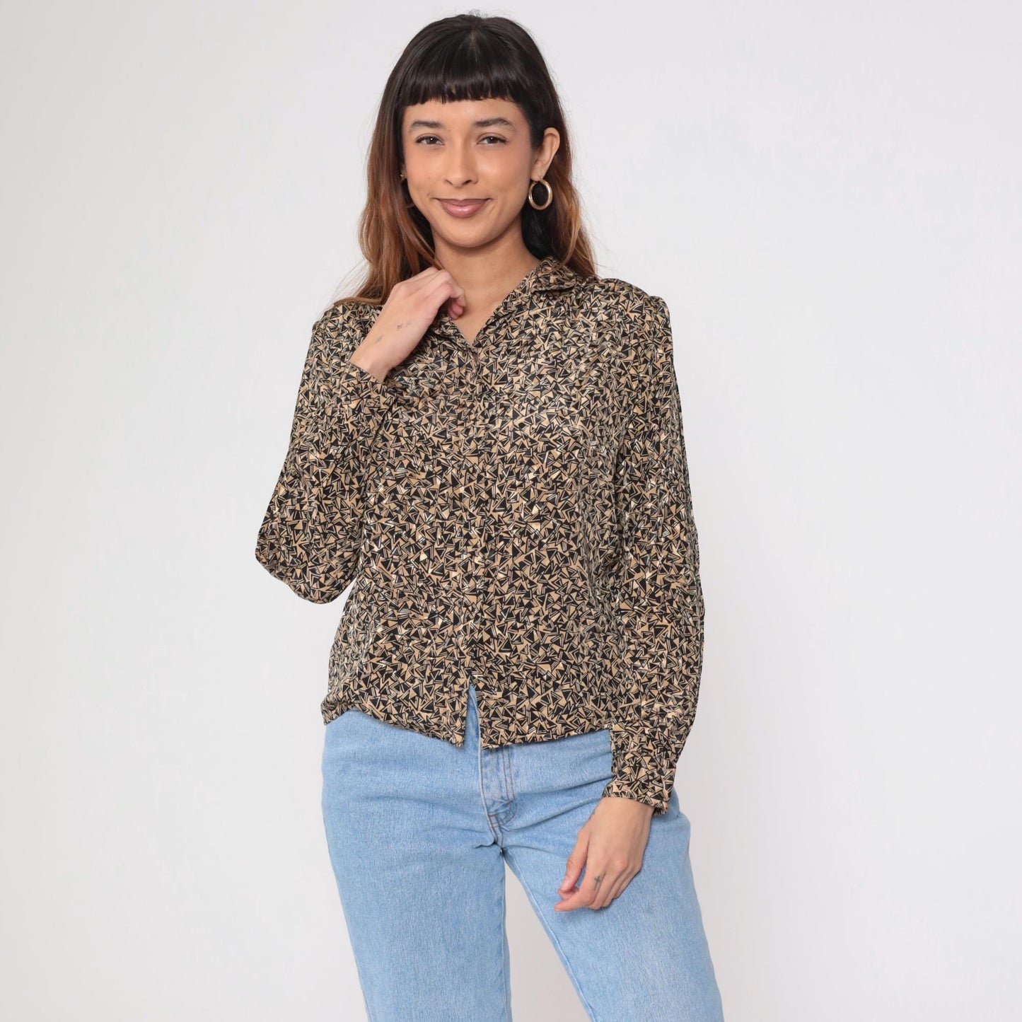 80s Geometric Jacquard Button Up Blouse Tan Black Puff Sleeve Small