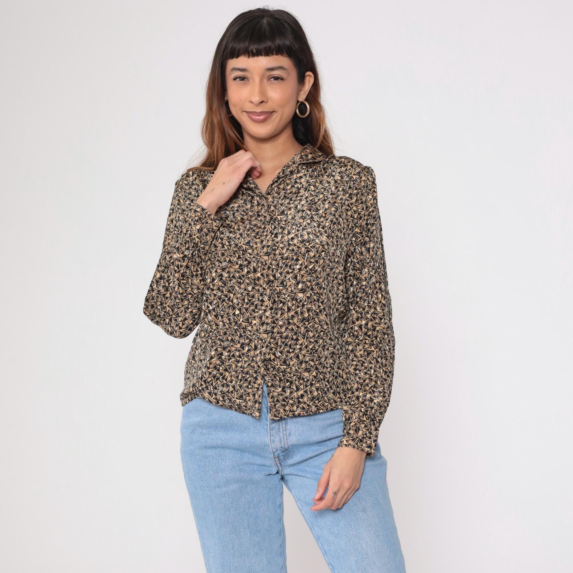 80s Geometric Jacquard Button Up Blouse Tan Black Puff Sleeve Small