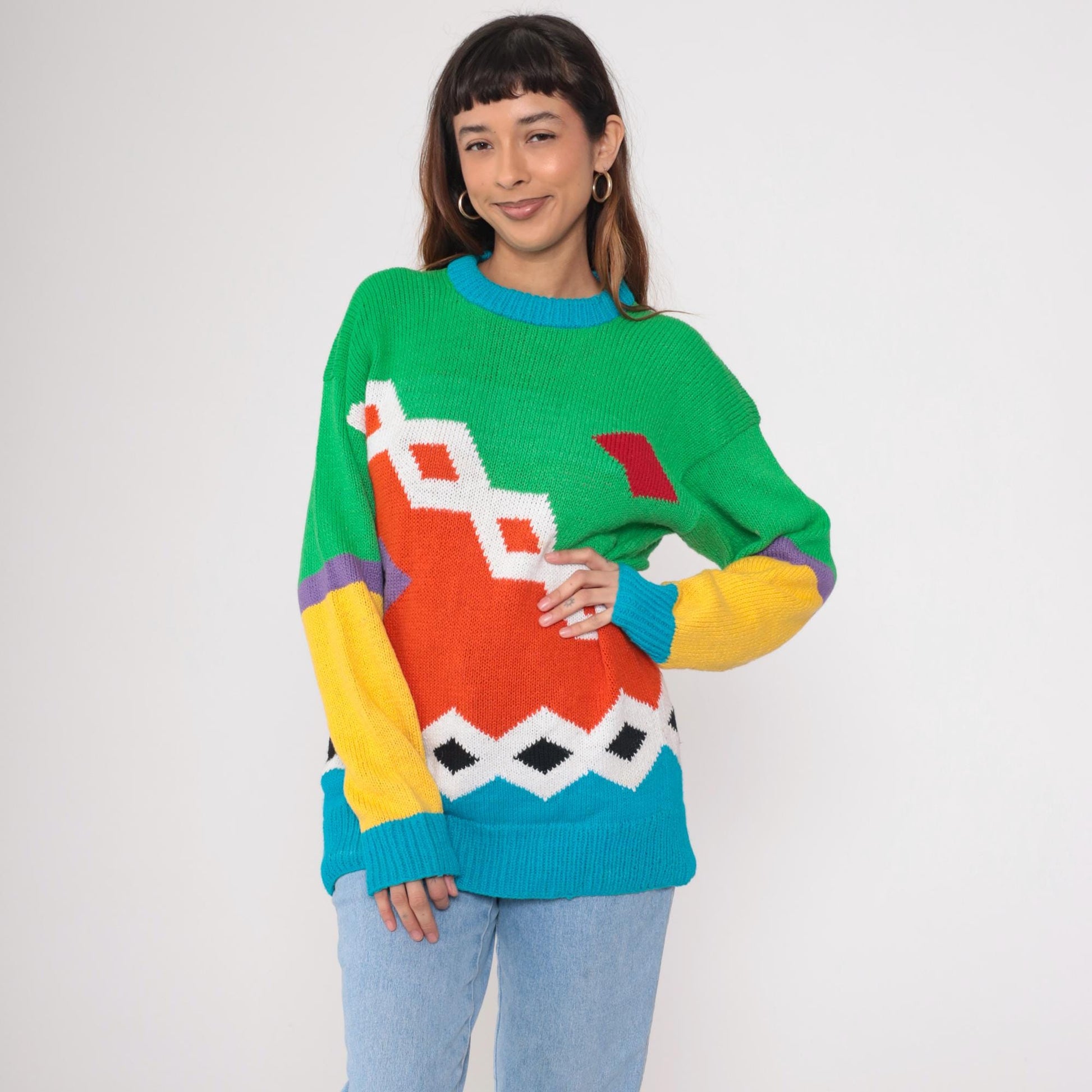 80s Geometric Color Block Knit Sweater Cotton Crewneck Orange Green Blue Large