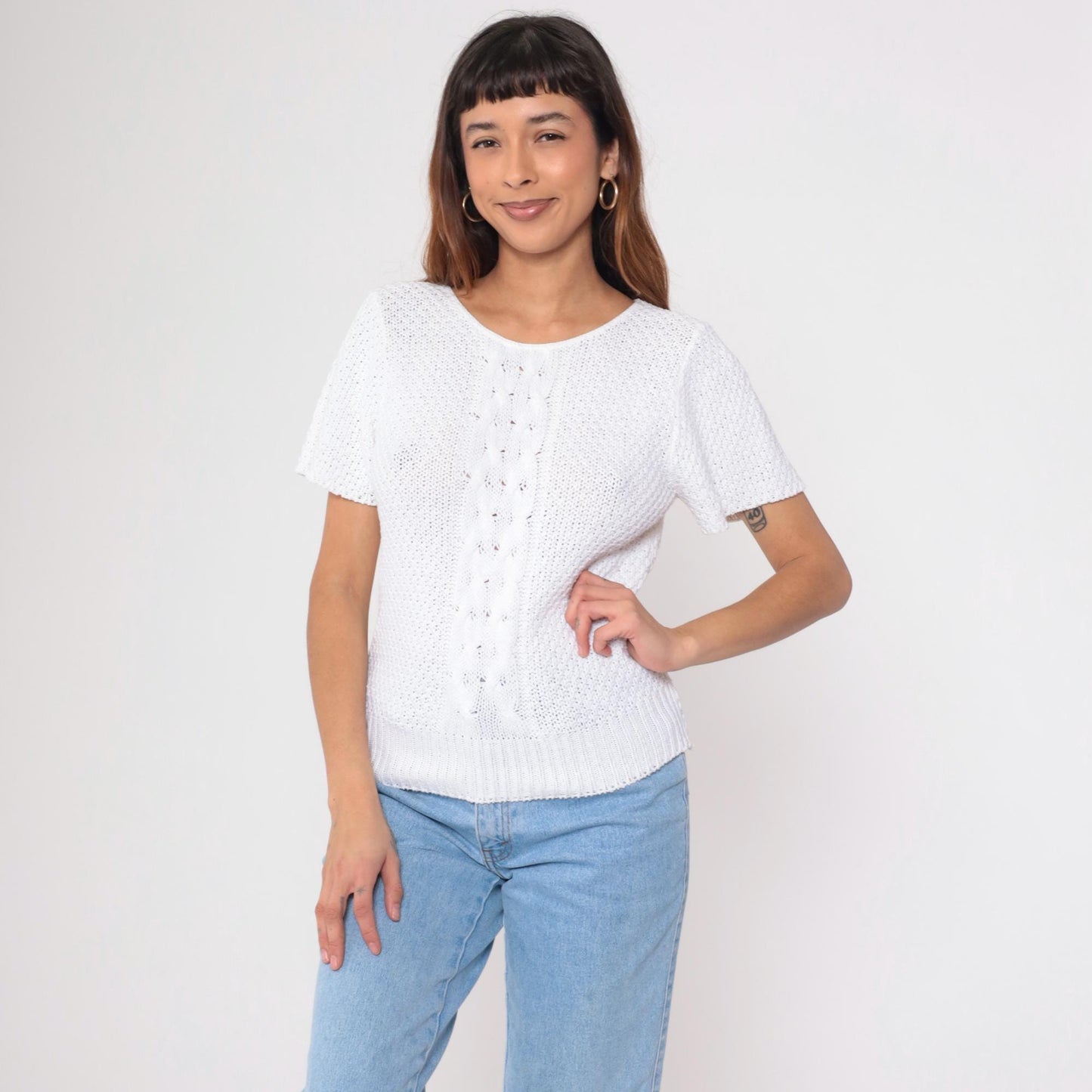 80s Yarn Spinners Cable Knit Sweater Top White Cotton Short Sleeve Extra Small