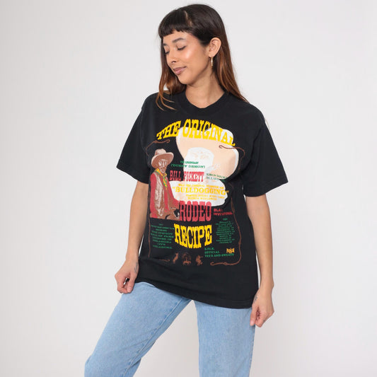 90s Bill Pickett Rodeo Recipe Graphic T-Shirt Black Cotton Medium
