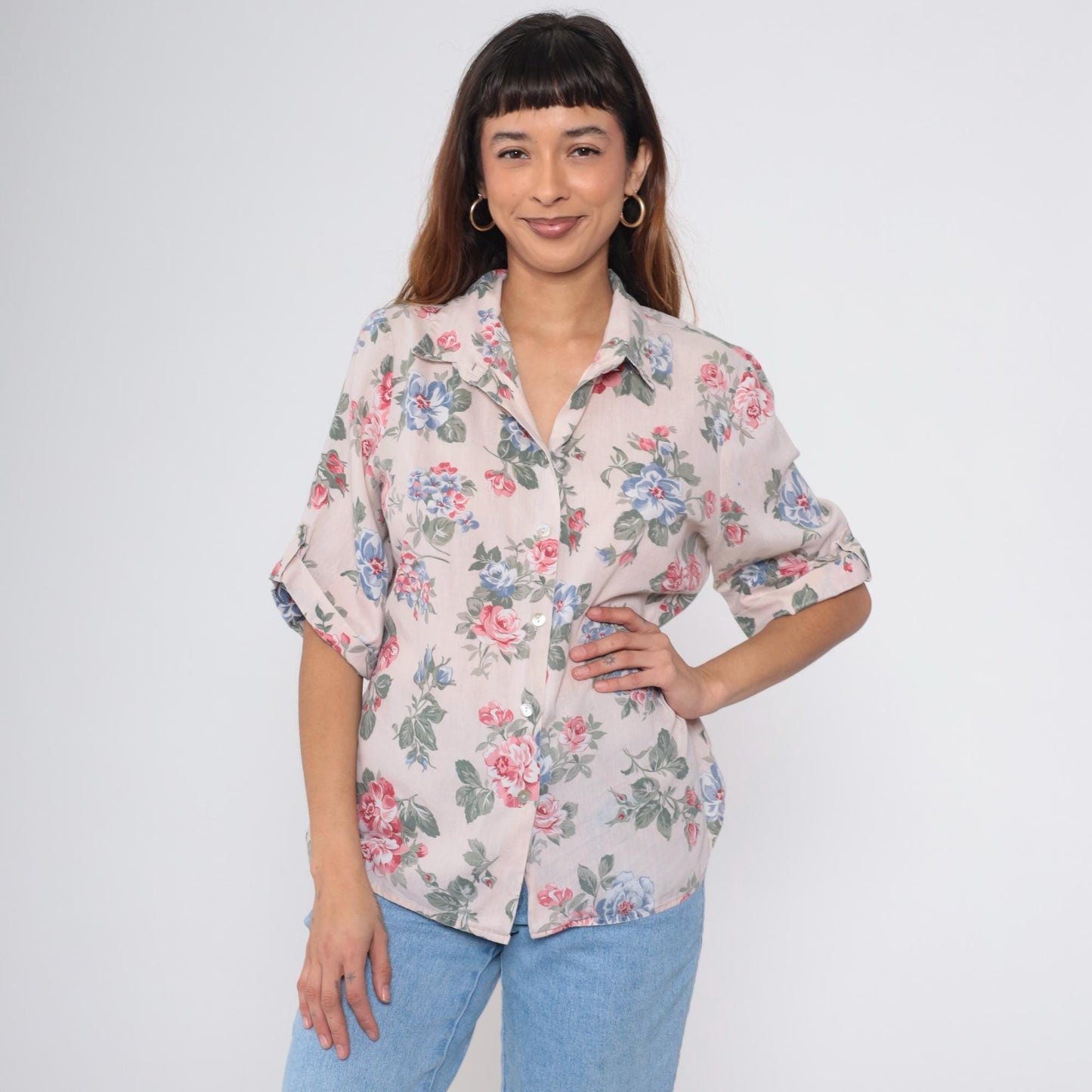 90s Beige Floral Button-Up Blouse Roll Tab Sleeve Flower Print Extra Large XL