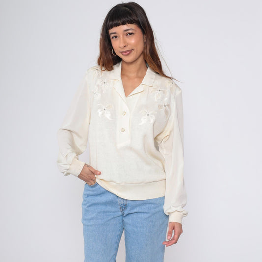 80s Philippe Marques Ivory Blouse Floral Appliqué Rhinestone Satin Knit Large L