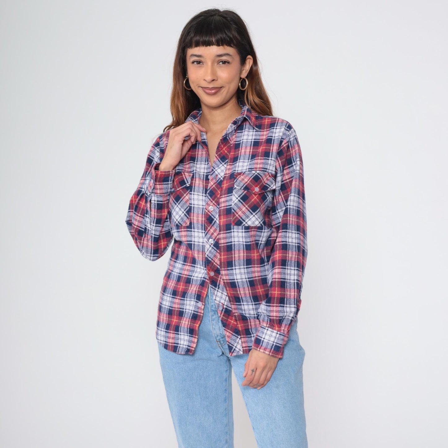 80s Red White Blue Plaid Flannel Button-Up Shirt Small S