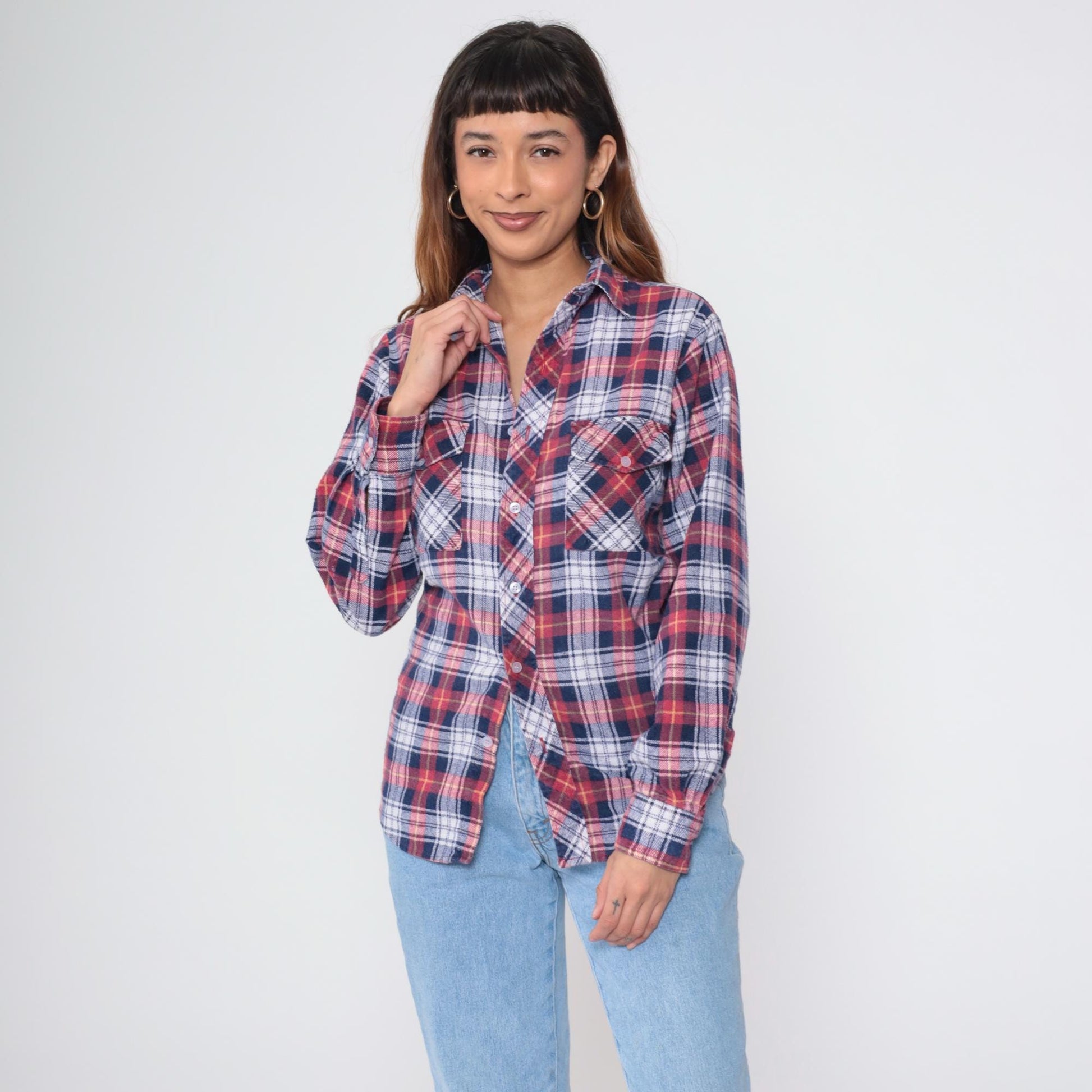 80s Red White Blue Plaid Flannel Button-Up Shirt Small S
