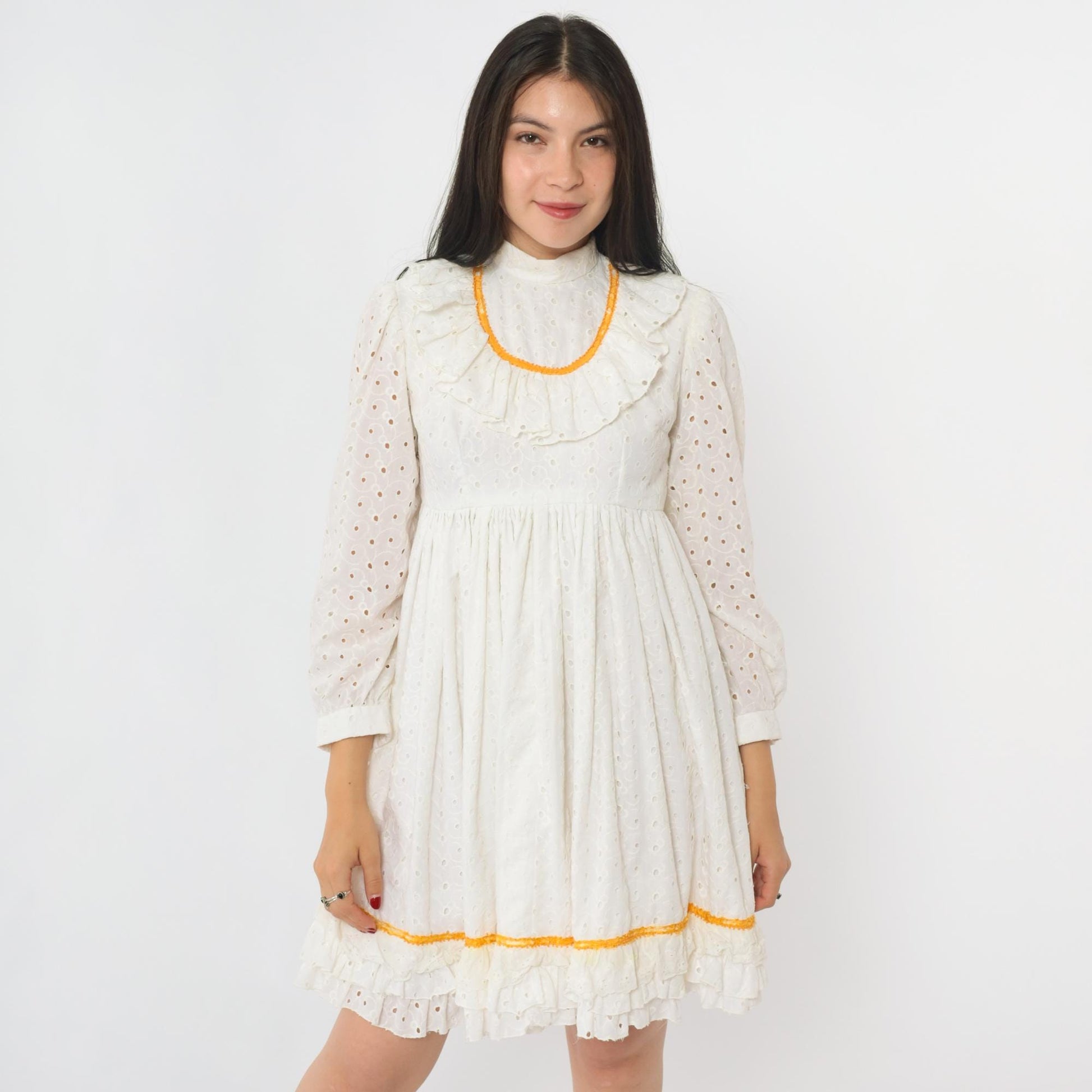 70s White Eyelet Lace Mini Dress Empire Waist Puff Sleeve Small