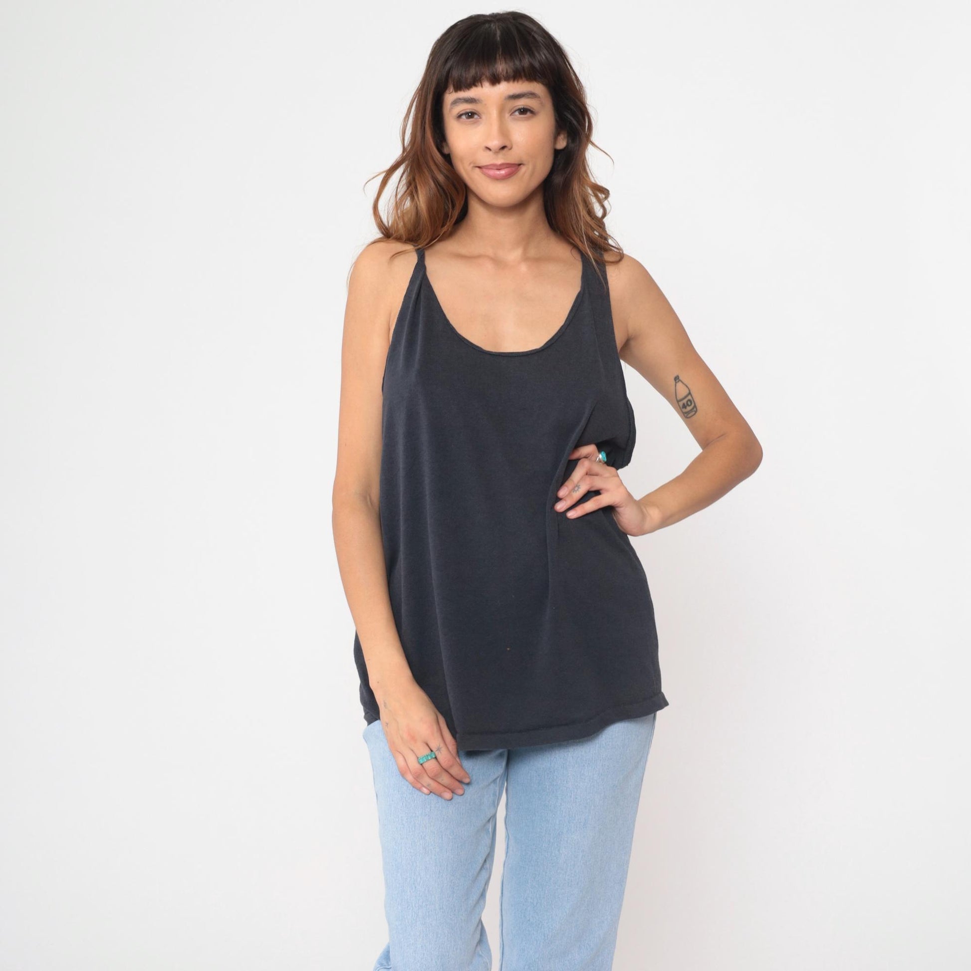 90s Black Fruit of the Loom Tank Top Low Armhole Scoop Neck Medium Large