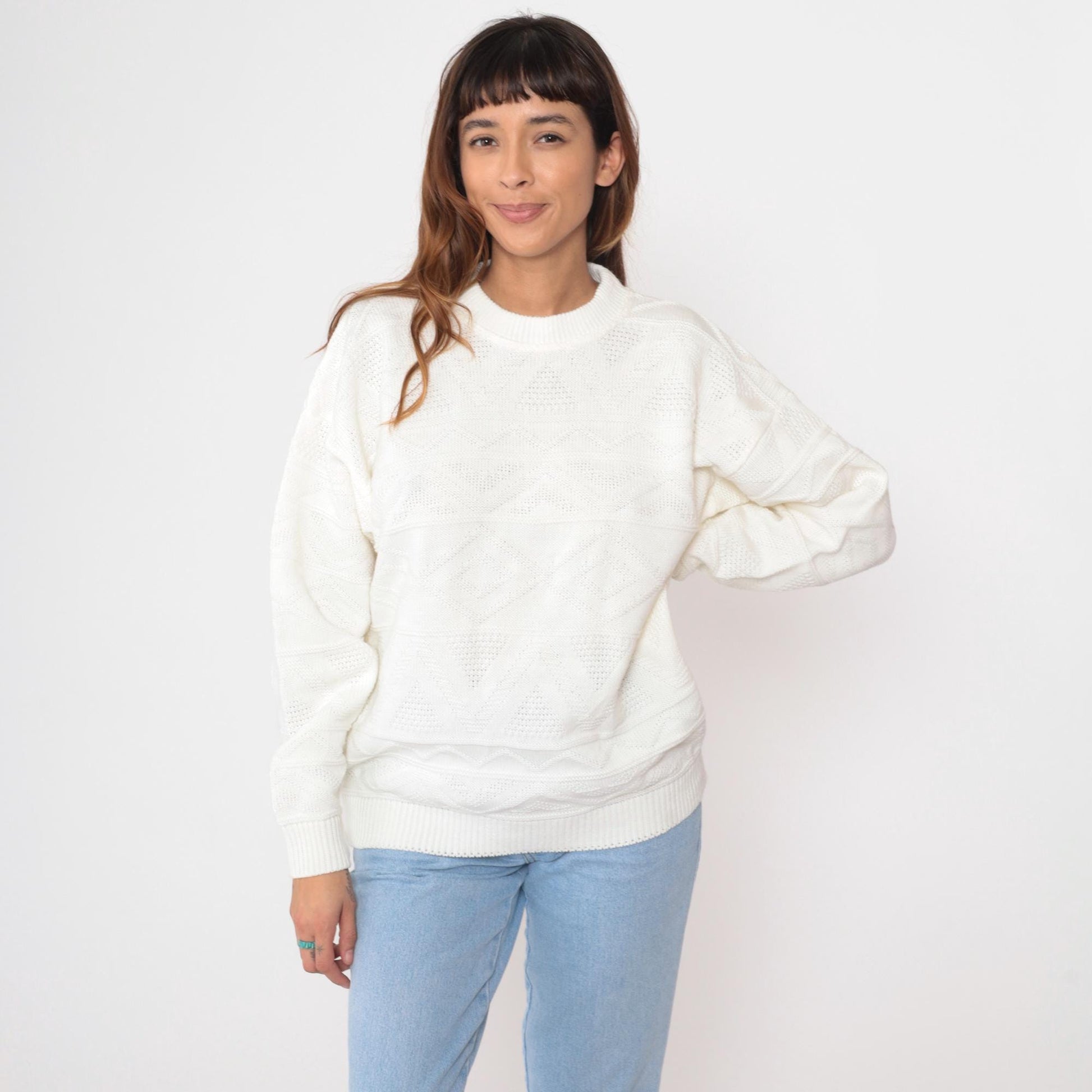 80s Club International Cable Knit Sweater White Crew Neck Medium M