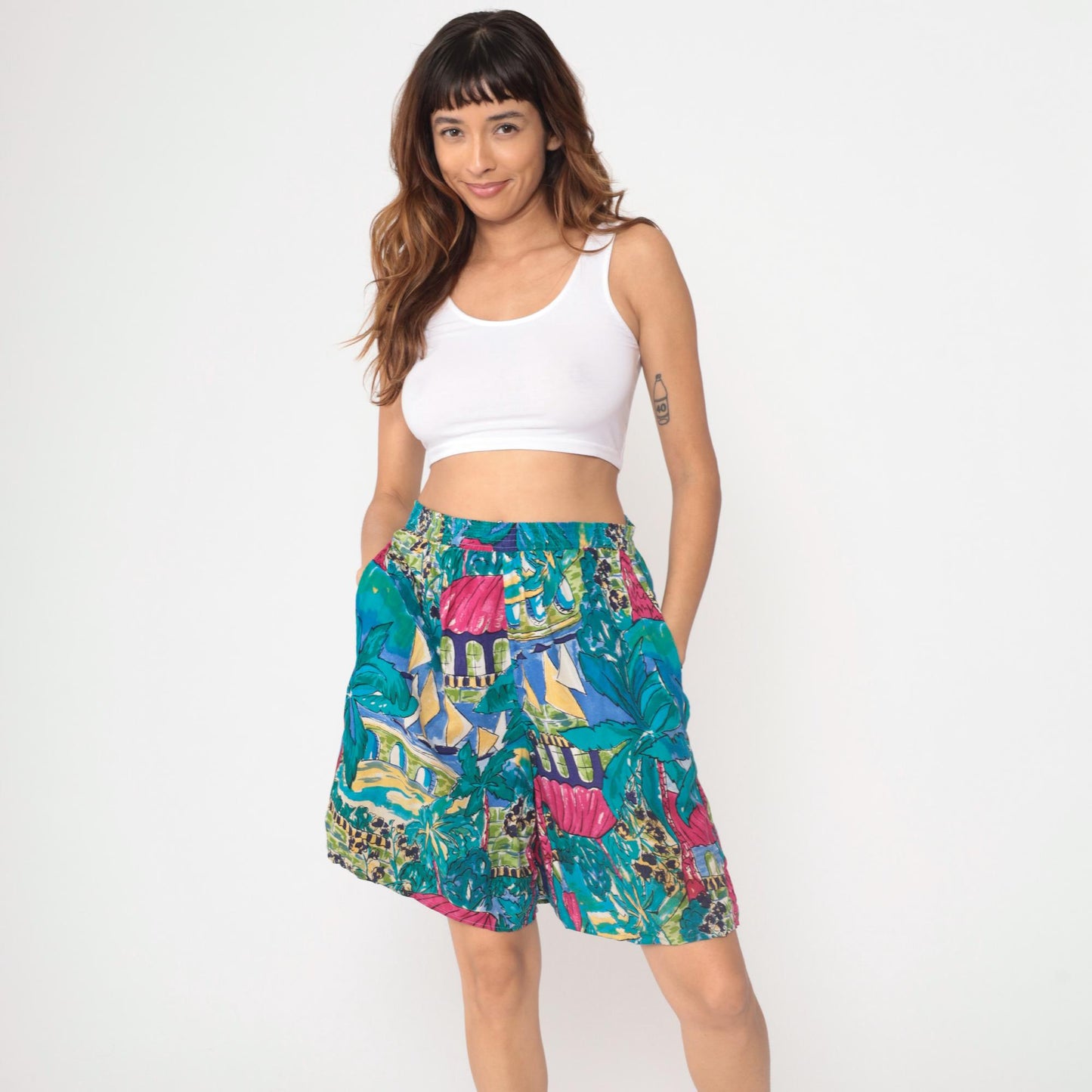 90s Laurel Sport Tropical Shorts Sailboat Palm Tree Print High Waist Small S