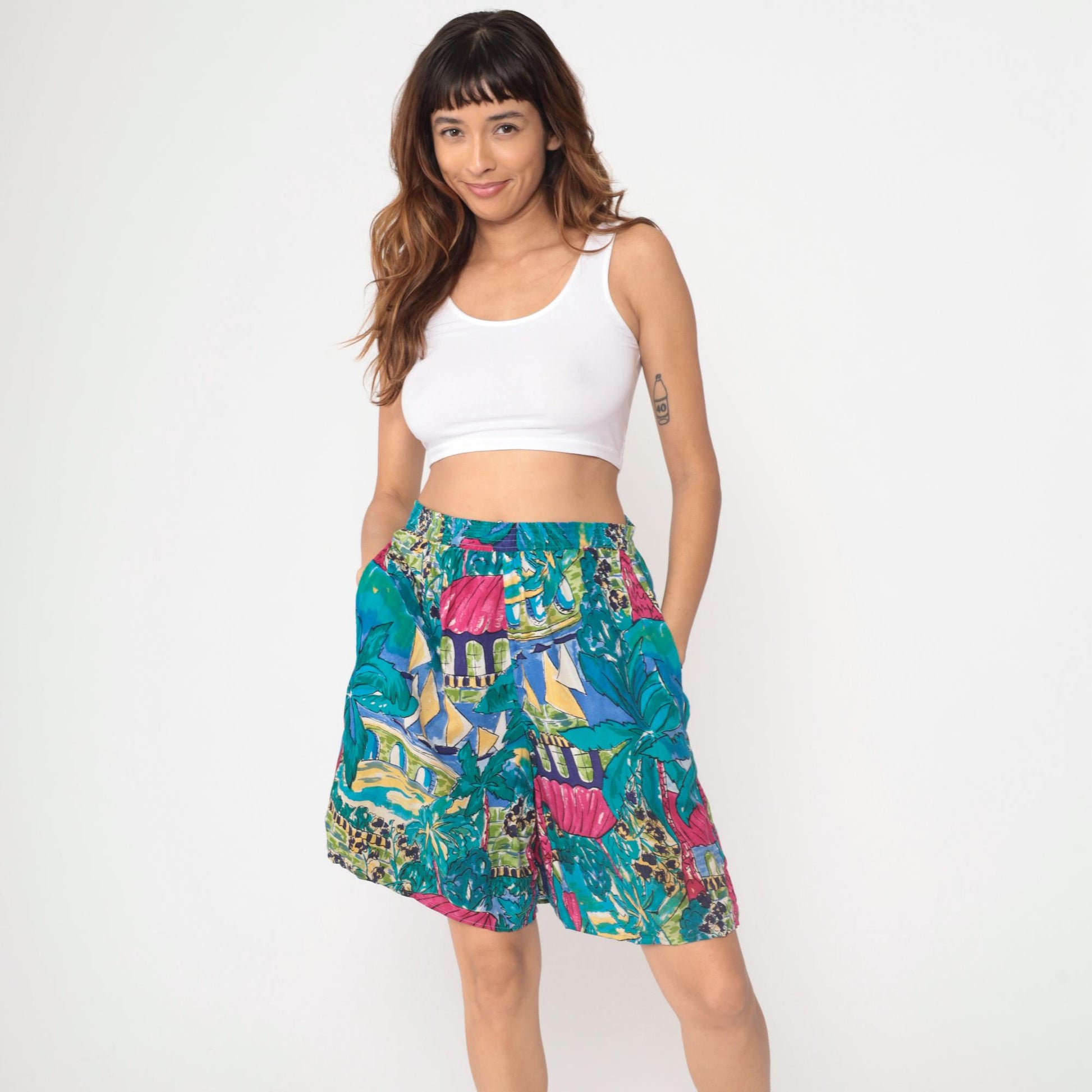 90s Laurel Sport Tropical Shorts Sailboat Palm Tree Print High Waist Small S