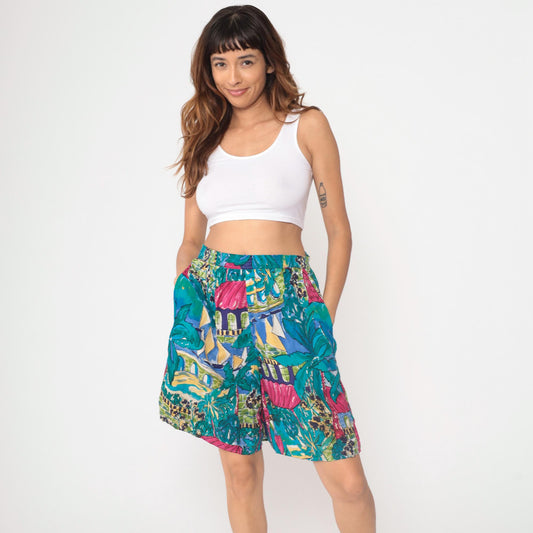 90s Laurel Sport Tropical Shorts Sailboat Palm Tree Print High Waist Small S