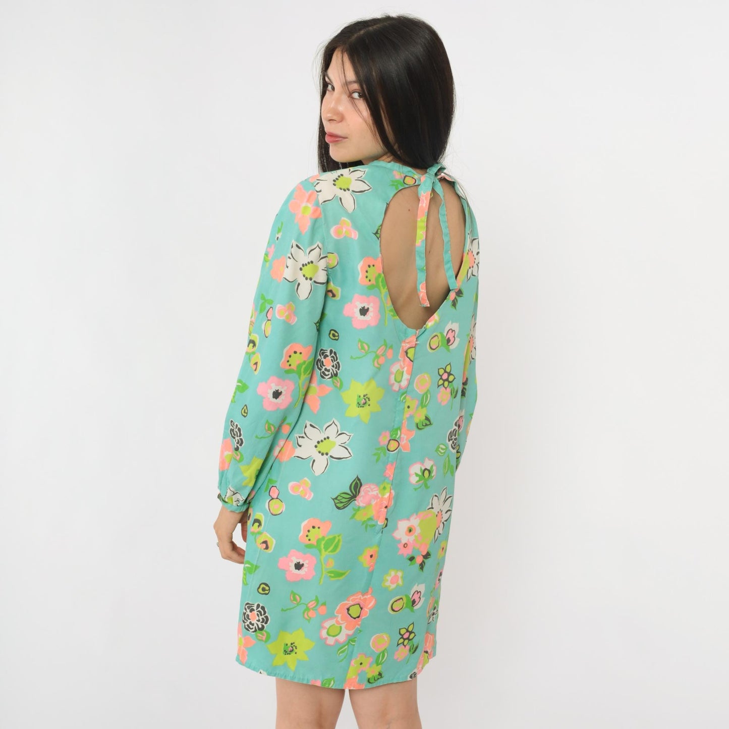 60s Mod Floral Mini Dress Aqua Blue Keyhole Back Long Sleeve Small