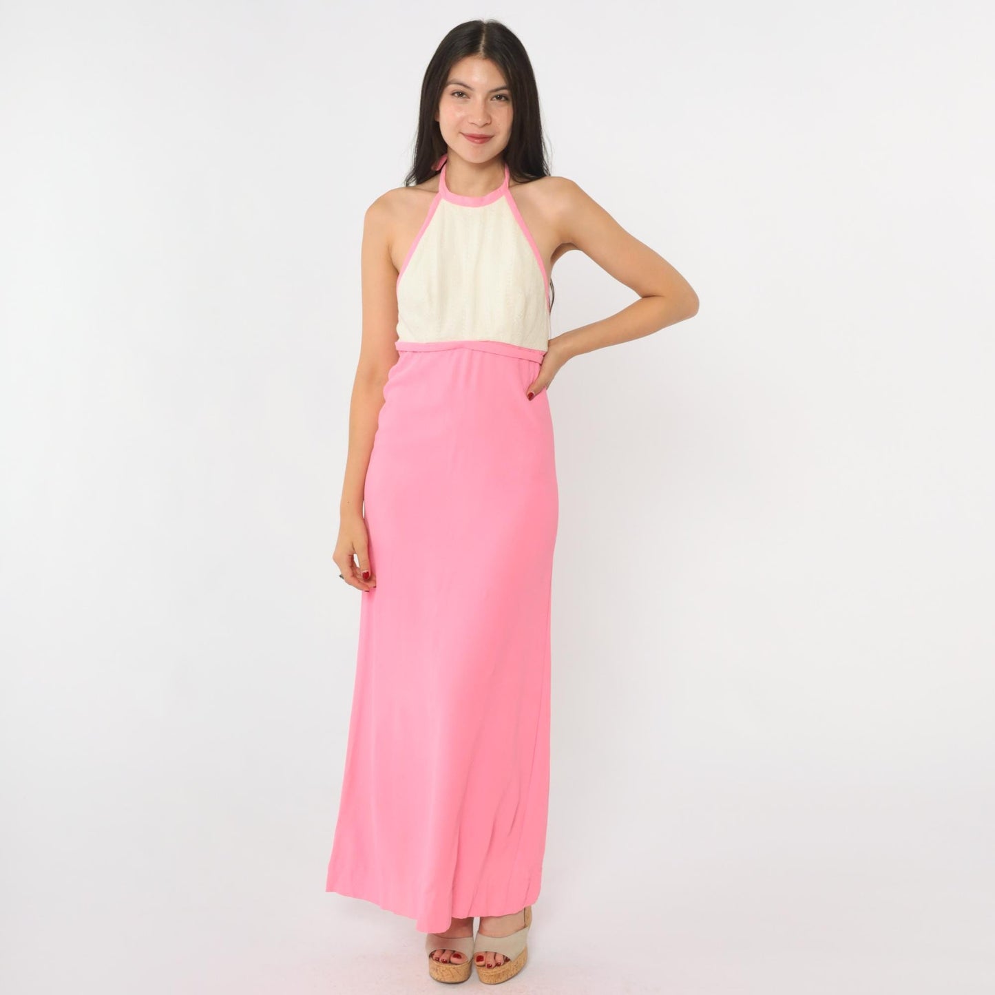 70s Lanz Original Pink Halter Maxi Dress Pointelle Knit Open Back Extra Small