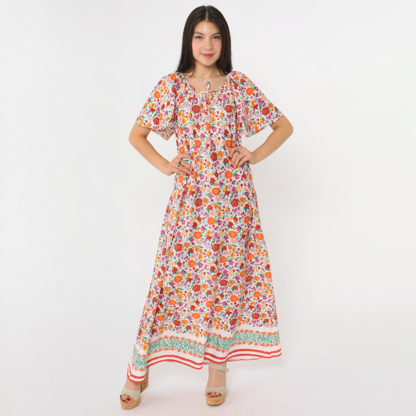 70s Floral Caftan Maxi Dress White Multicolor Print Flutter Sleeve Medium M