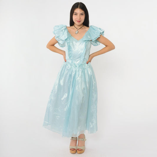 80s Blue Organza Midi Gown Sweetheart Neckline Flutter Sleeve Small