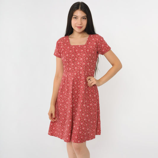 90s Red Floral Mini Dress High Waist Square Neck Short Sleeve Medium