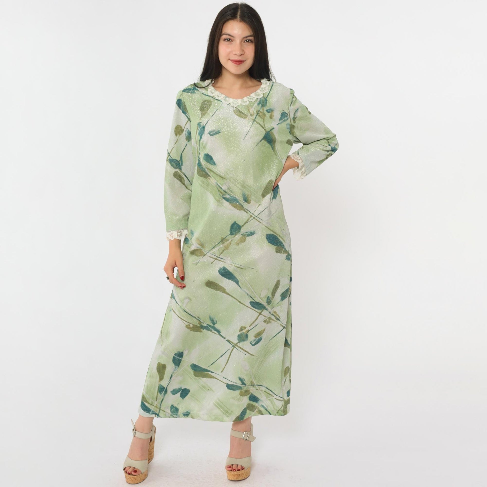 70s Green Metallic Maxi Dress Watercolor Leaf Print Lace Trim Long Sleeve Medium M