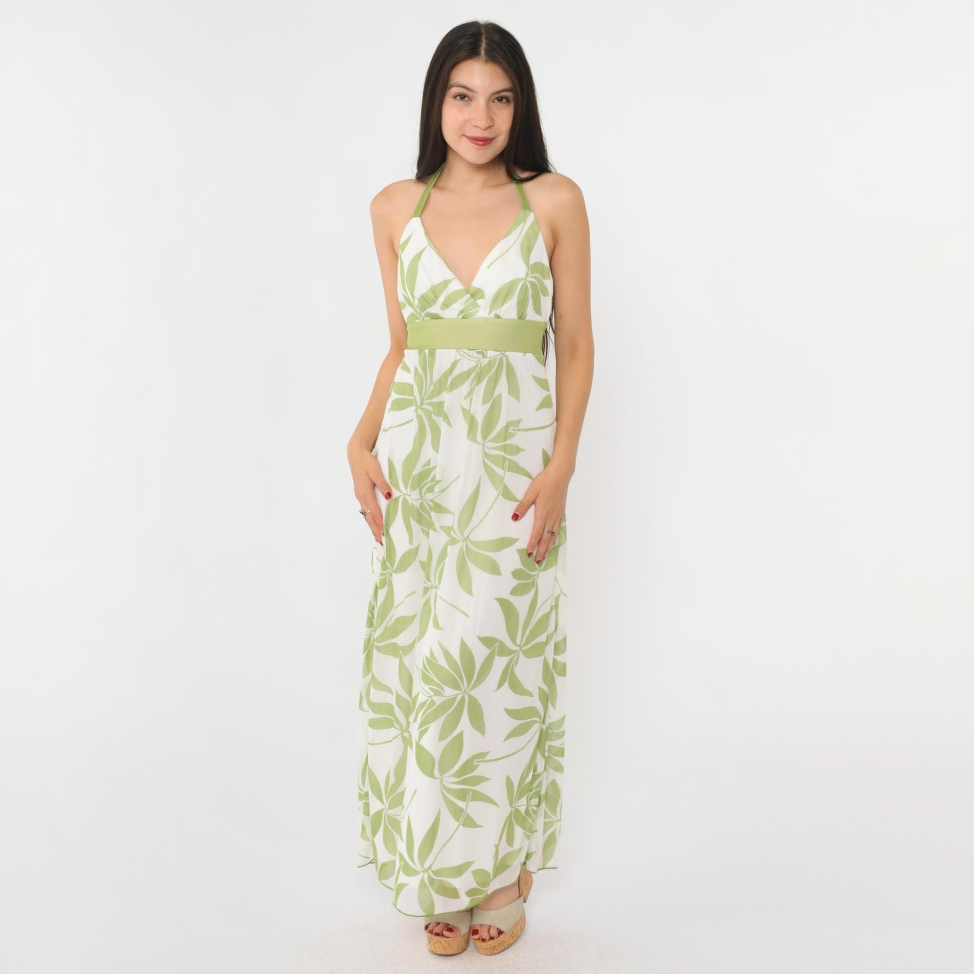 Y2K White Floral Halter Maxi Dress Green Print Empire Waist Medium