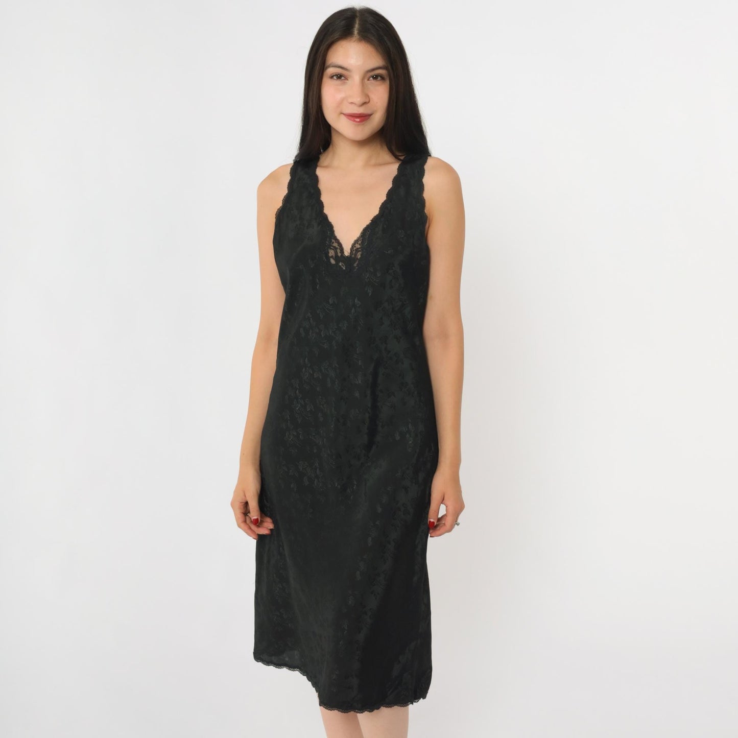 90s Barbizon Black Floral Jacquard Slip Dress Lace Trim Deep V Small