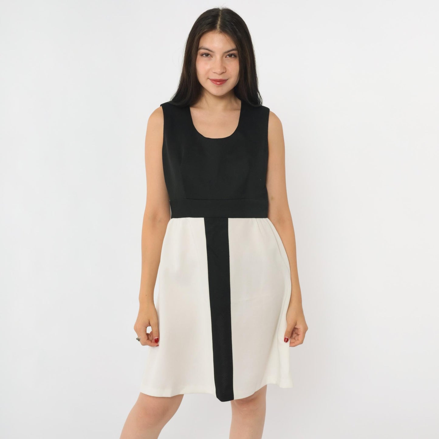 60s Mod Color Block Mini Dress Black White Striped High Waist Sleeveless Medium
