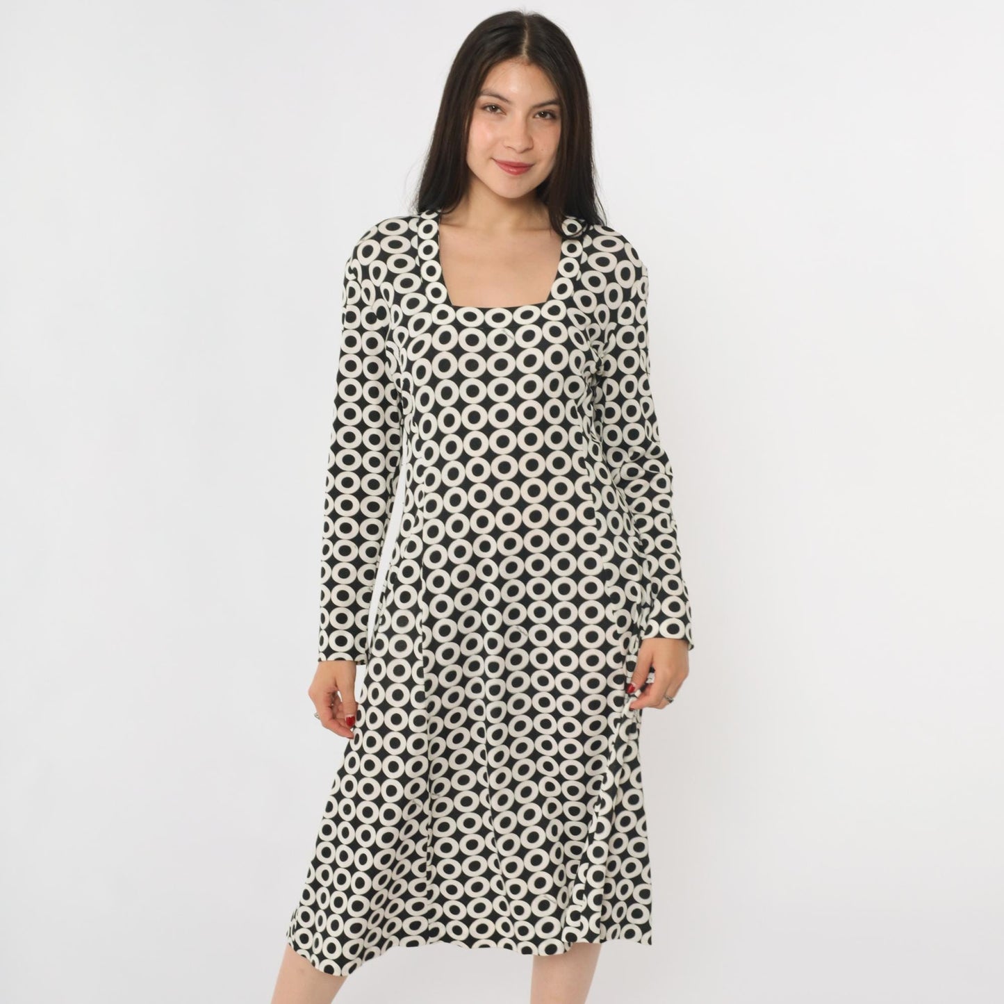 70s Maurice Black White Op Art Circle Print Midi Dress Square Neck Large L